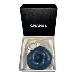 Chanel Camellia Navy Leather Pin Brooch W/Box and Ribbon